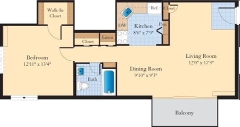Floor plan for 1 bed, 1 bath, 666 sqft